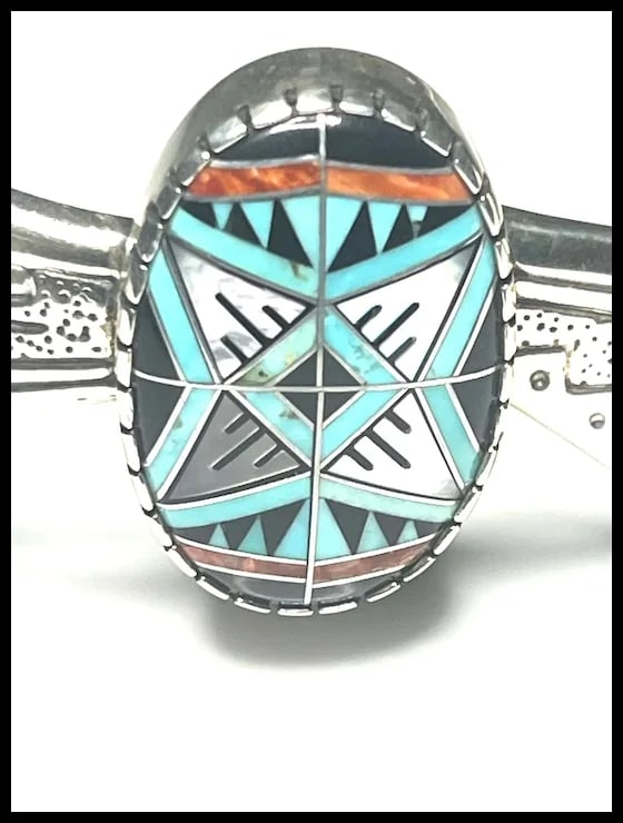 Estate RMT Sterling Silver Turquoise Mosaic Inlay Cuff Bracelet - 3