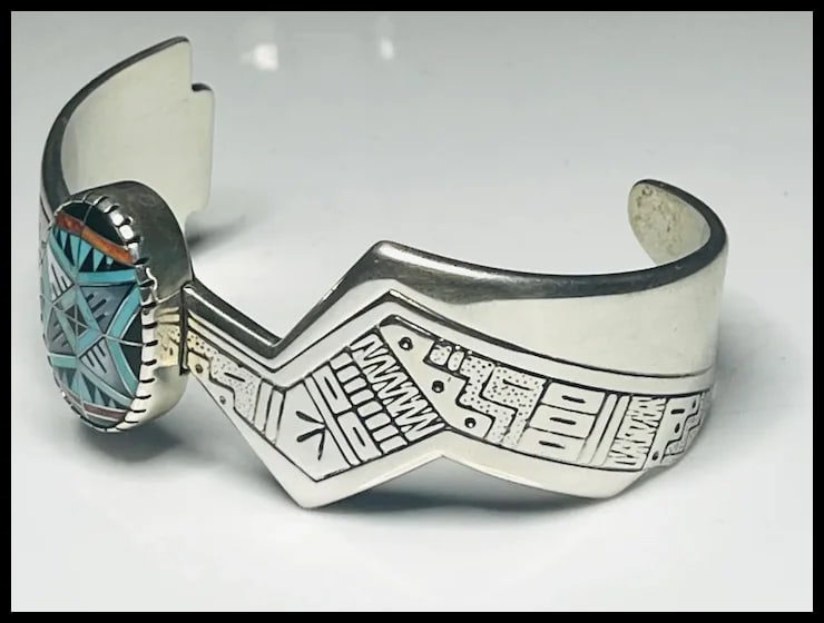 Estate RMT Sterling Silver Turquoise Mosaic Inlay Cuff Bracelet - 5