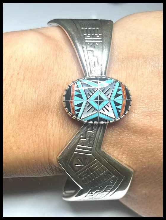Estate RMT Sterling Silver Turquoise Mosaic Inlay Cuff Bracelet - 7