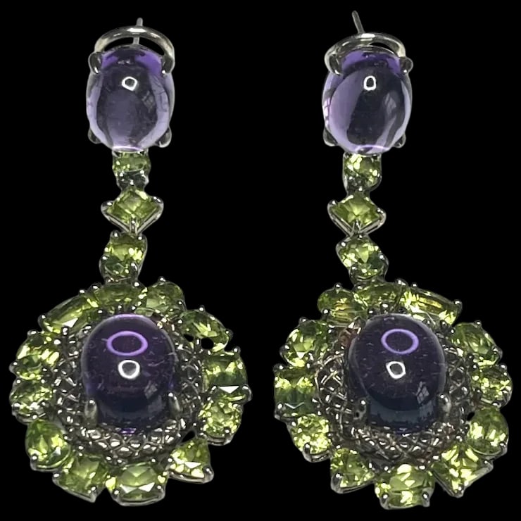 Estate Signed Sterling Silver 18k Amethyst Cabochon, Peridot, and Diamond Statement Earrings (1 of 11)