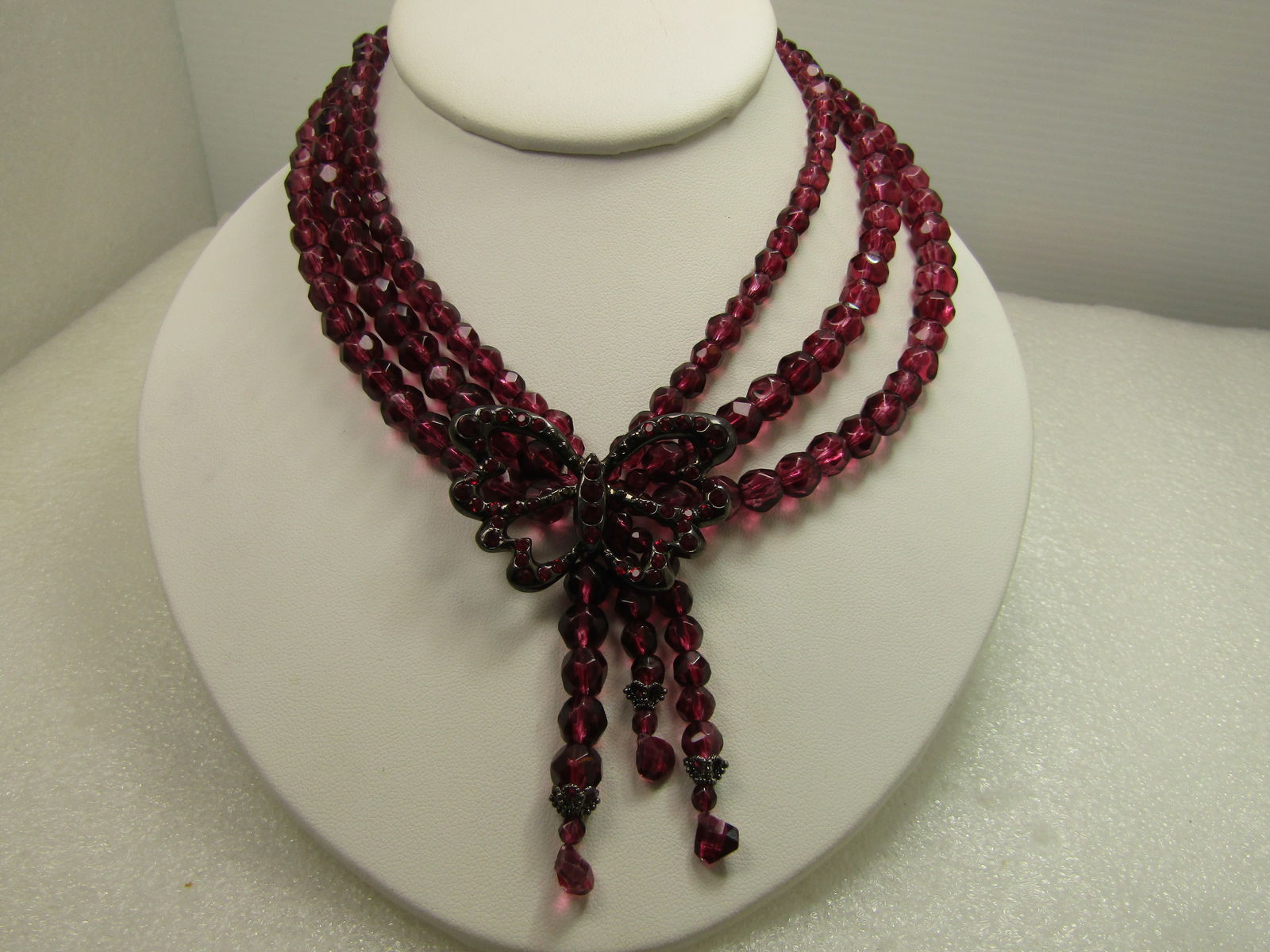Vintage Purple Glass Beaded Necklace, Butterfly Tassel Pendant, 14"-18", 1980's-1990's (1 of 6)