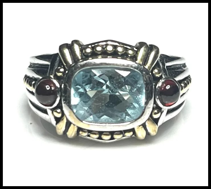 Estate Sterling Silver Blue Topaz & Garnet Cabochon Cocktail Ring - 2