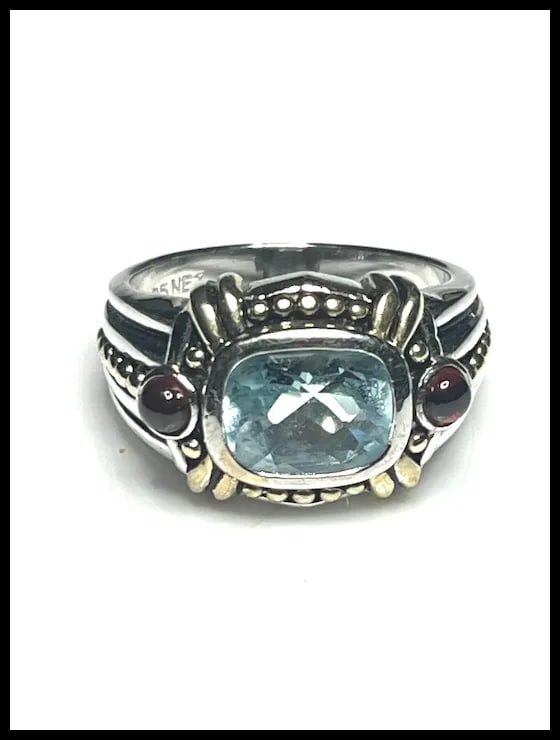 Estate Sterling Silver Blue Topaz & Garnet Cabochon Cocktail Ring - 3