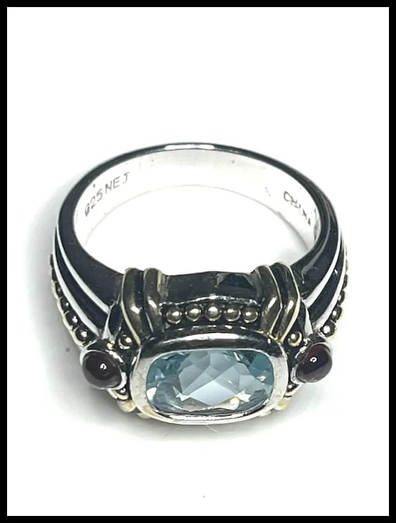 Estate Sterling Silver Blue Topaz & Garnet Cabochon Cocktail Ring - 4