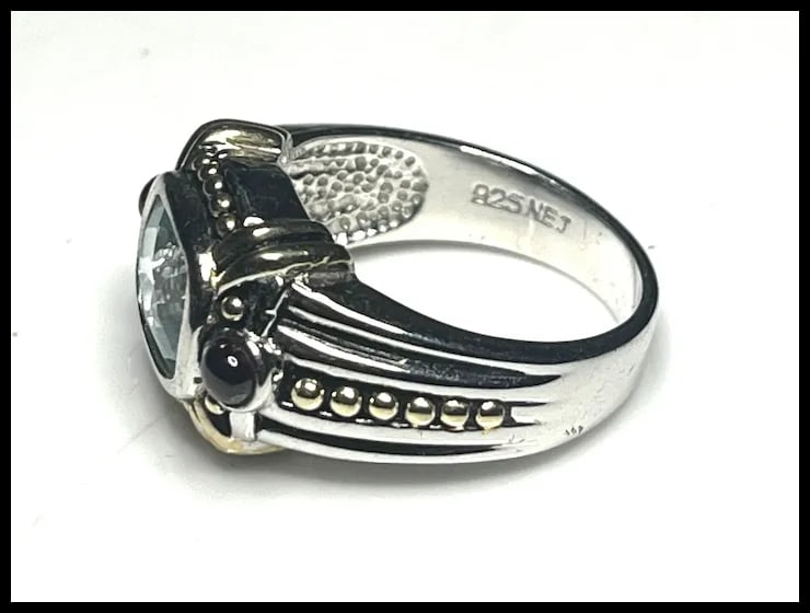 Estate Sterling Silver Blue Topaz & Garnet Cabochon Cocktail Ring - 5