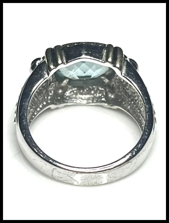 Estate Sterling Silver Blue Topaz & Garnet Cabochon Cocktail Ring - 7