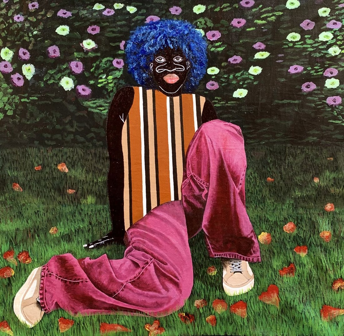 Acrylic painting Among Petals and grass Akintomide Akinshola: Title: Acrylic painting Among Petals and grass Akintomide Akinshola Description: Akins 3 Its a celebration of individuality and style, unafraid to mix bold colors and patterns in a way that challenges