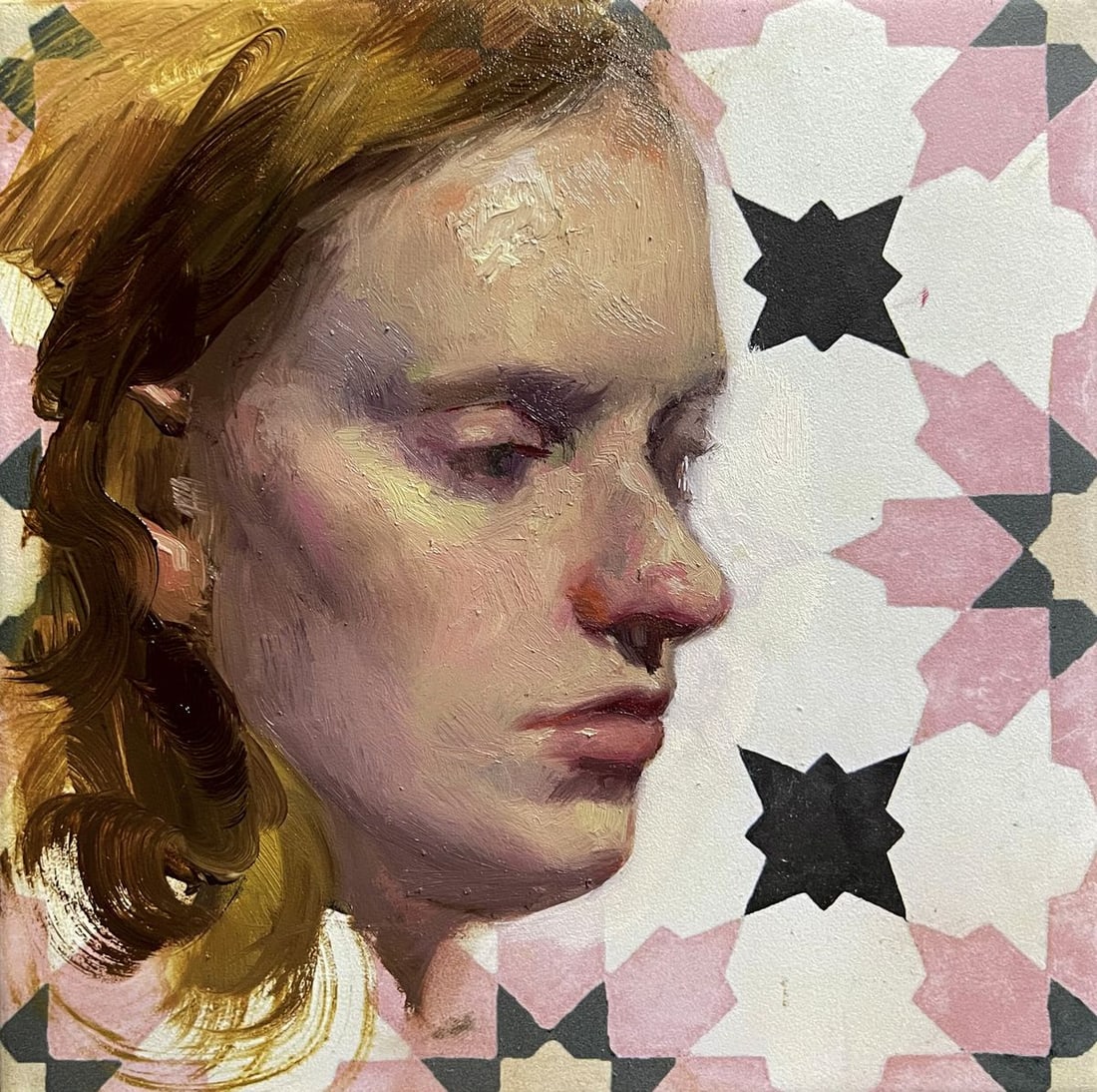 Oil painting Portrait of a woman Helena Annam Butt: Title: Oil painting Portrait of a woman Helena Annam Butt Description: Butt 4 A portrait painted directly onto a ceramic tile — fragile, intimate, and tactile. The material surface adds a quiet tens