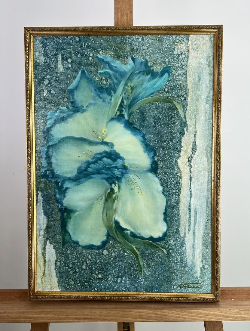 Oil painting A flower that remembers the rain Vasily Korkishko: Title: Oil painting A flower that remembers the rain Vasily Korkishko Description: AAA5166 The oil painting on Canvas titled "A Flower That Remembers the Rain" is a poetic and contemplative work, wher