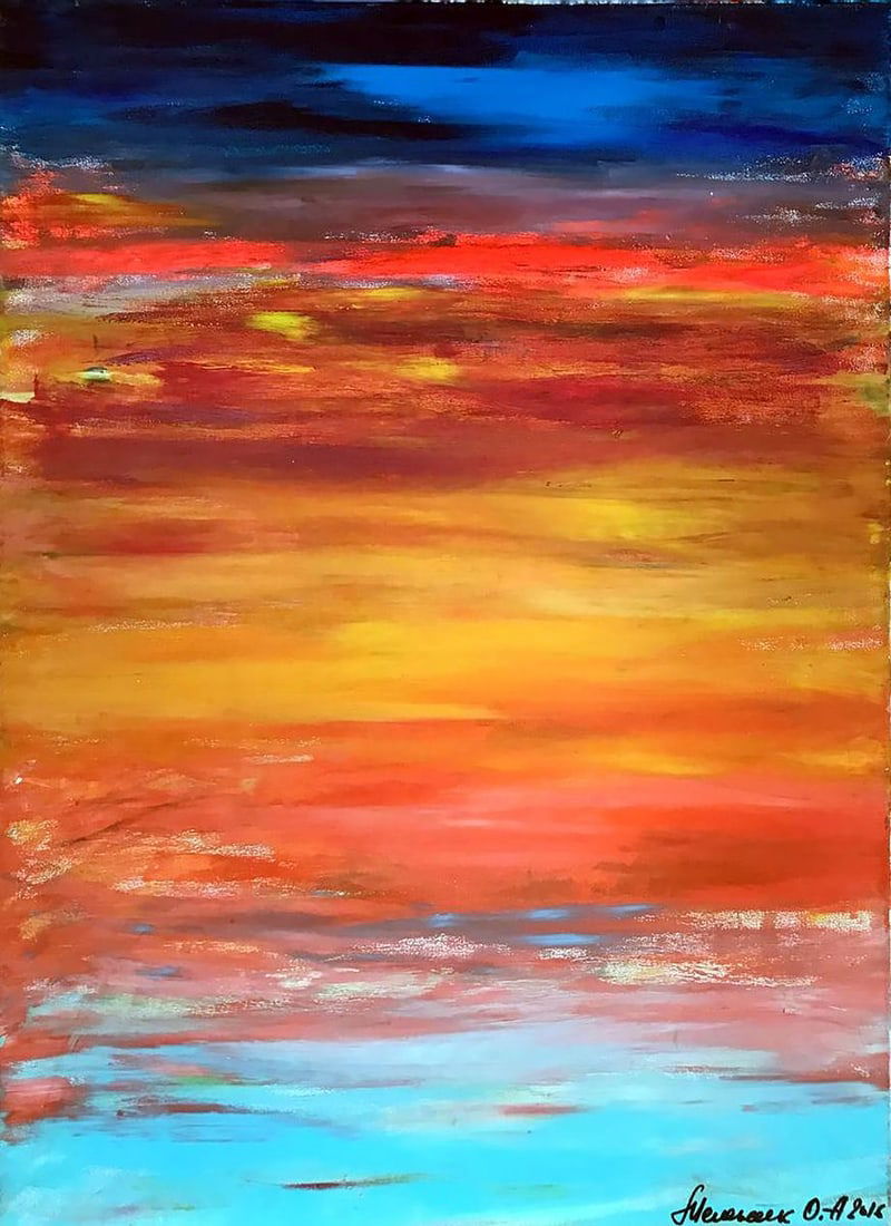 Acrylic painting Window Olga Melezhik: Title: Acrylic painting Window Olga Melezhik Description: Mel 72 "Window" by Olga Melezhik is a vibrant abstract work that captures a moment of warmth and serenity, resembling a sunset viewed through
