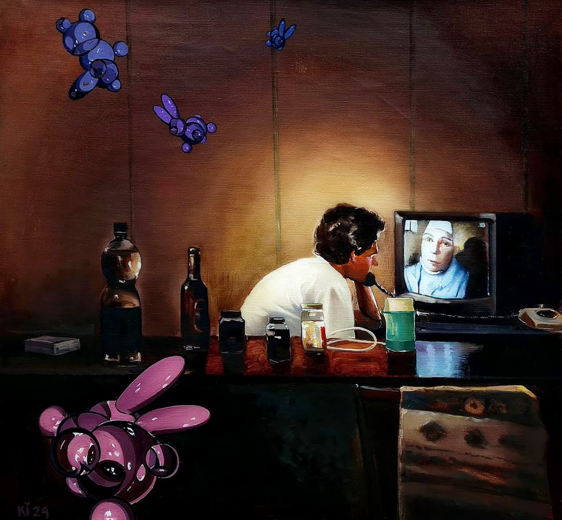 Oil painting Papess Igor Konovalov: Title: Oil painting Papess Igor Konovalov Description: Kon 107 The painting "Papess" by Ukrainian artist Igor Konovalov presents a compelling and intimate scene. It depicts a man engaged in a deep, no