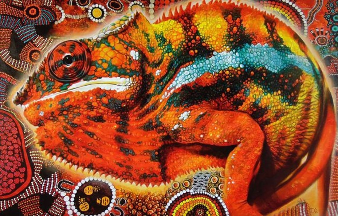 Oil painting Chameleon Goncharenko S.: Title: Oil painting Chameleon Goncharenko S. Description: Gonch 20 The oil painting is a vibrant and intricate representation of a chameleon, masterfully brought to life through a kaleidoscope of