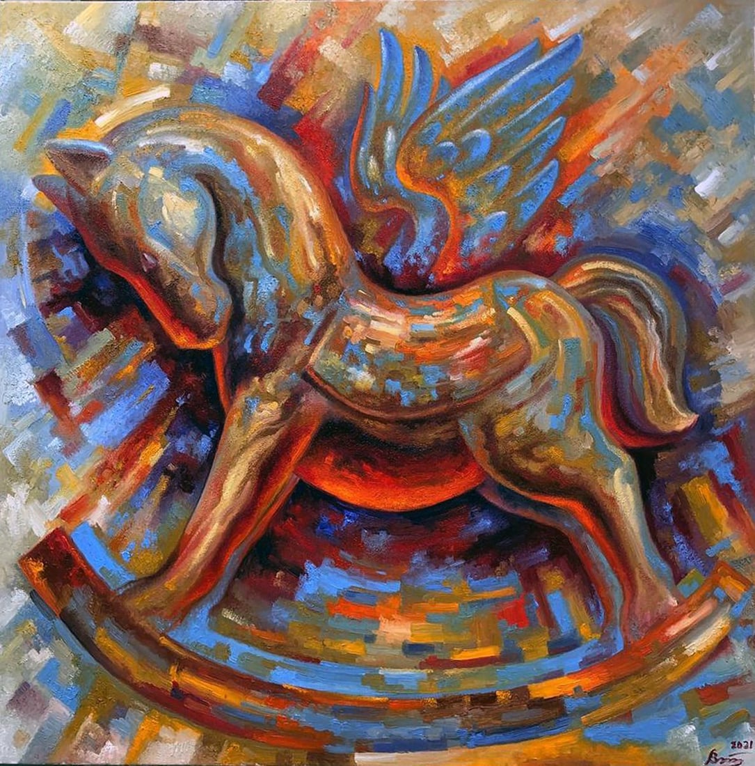 Oil painting Pegasus Sergey Voichenko: Title: Oil painting Pegasus Sergey Voichenko Description: Voich 69 "Pegasus" is an abstract oil painting that captures the mythical essence of the legendary winged horse from Greek mythology. The