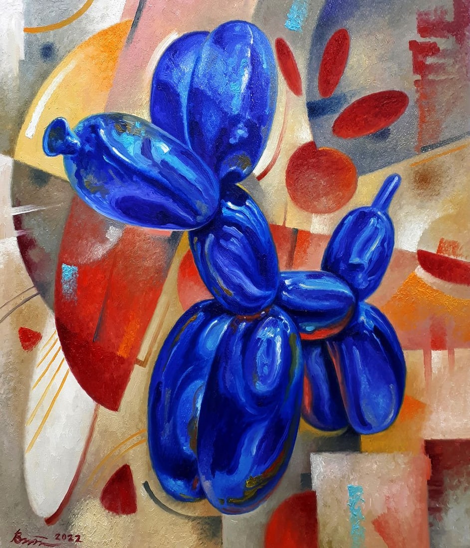 Oil painting The dog is hype Sergey Voichenko: Title: Oil painting The dog is hype Sergey Voichenko Description: Voich 82 "The Dog is Hype" is a captivating oil painting that abstracts the playful form of a dog using the imaginative shape of