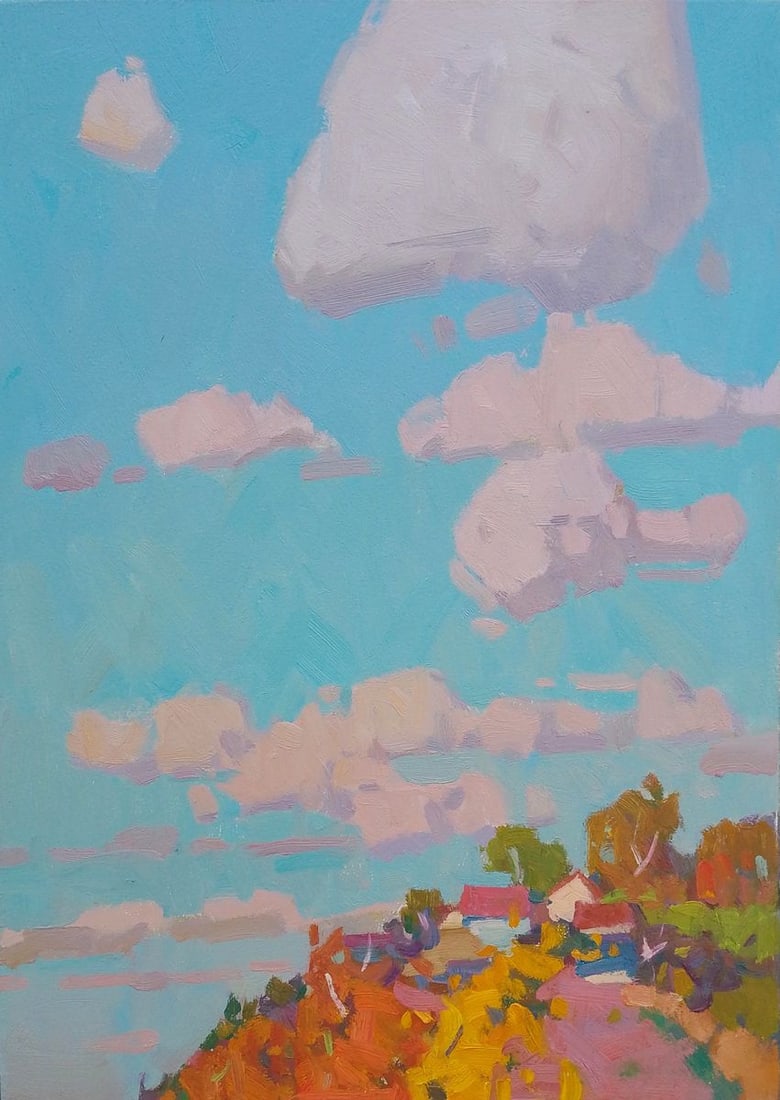 Oil painting Autumn village in the distance Igor Tuzhikov: Title: Oil painting Autumn village in the distance Igor Tuzhikov Description: 12TUZHIK Painter: Igor Tuzhikov Size: 35x25 cm/13.77x9.84 inches Components: oil, cardboardOriginal painting CONDITION: ex