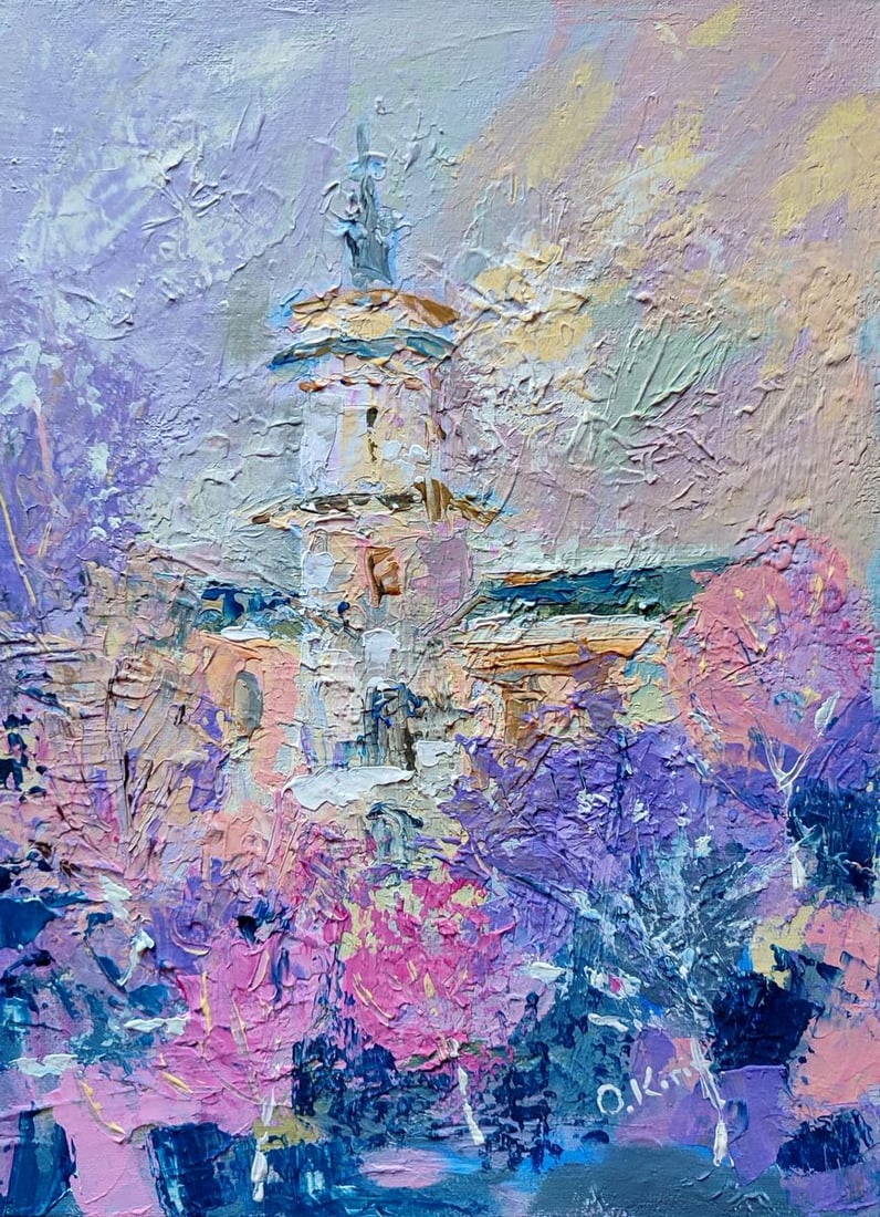 Acrylic painting Tower in the park Olena Kirik: Title: Acrylic painting Tower in the park Olena Kirik Description: 2KIRIK Painter: Olena Kirik Size: 40x30 cm/15.74x11.81 inches Components: acrylic, canvasOriginal painting CONDITION: excellent ARTIS
