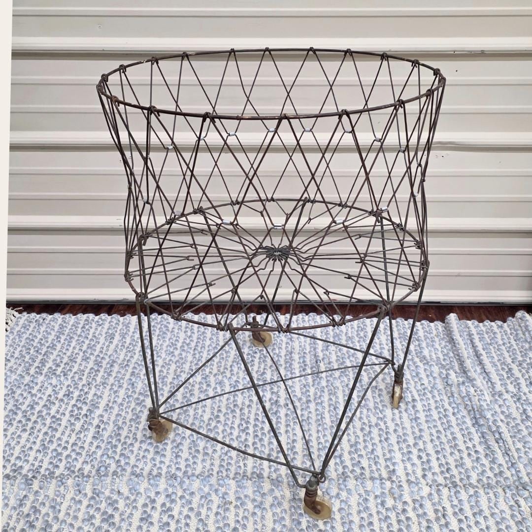 Mid-Century Collapsible Wire Laundry Hamper on Wheels Allied Products Industrial Basket Farmhouse - 3