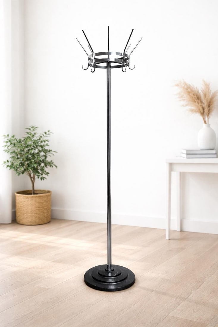 Vintage Commercial Coat Rack Stand, Rotating Crown, Chrome & Steel, Loft Modernist Entryway: Title: Vintage Commercial Coat Rack Stand, Rotating Crown, Chrome & Steel, Loft Modernist Entryway Organizer, Heavy Base Description: Vintage heavy-duty industrial/commercial coat rack with a rotating