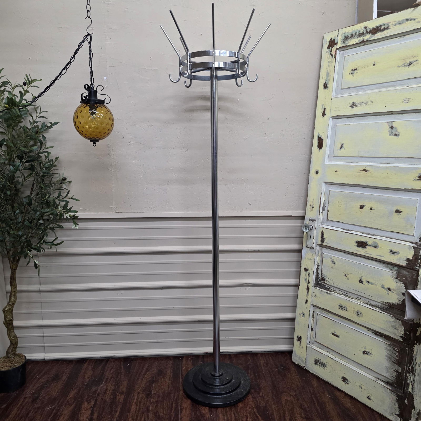 Vintage Commercial Coat Rack Stand, Rotating Crown, Chrome & Steel, Loft Modernist Entryway - 3