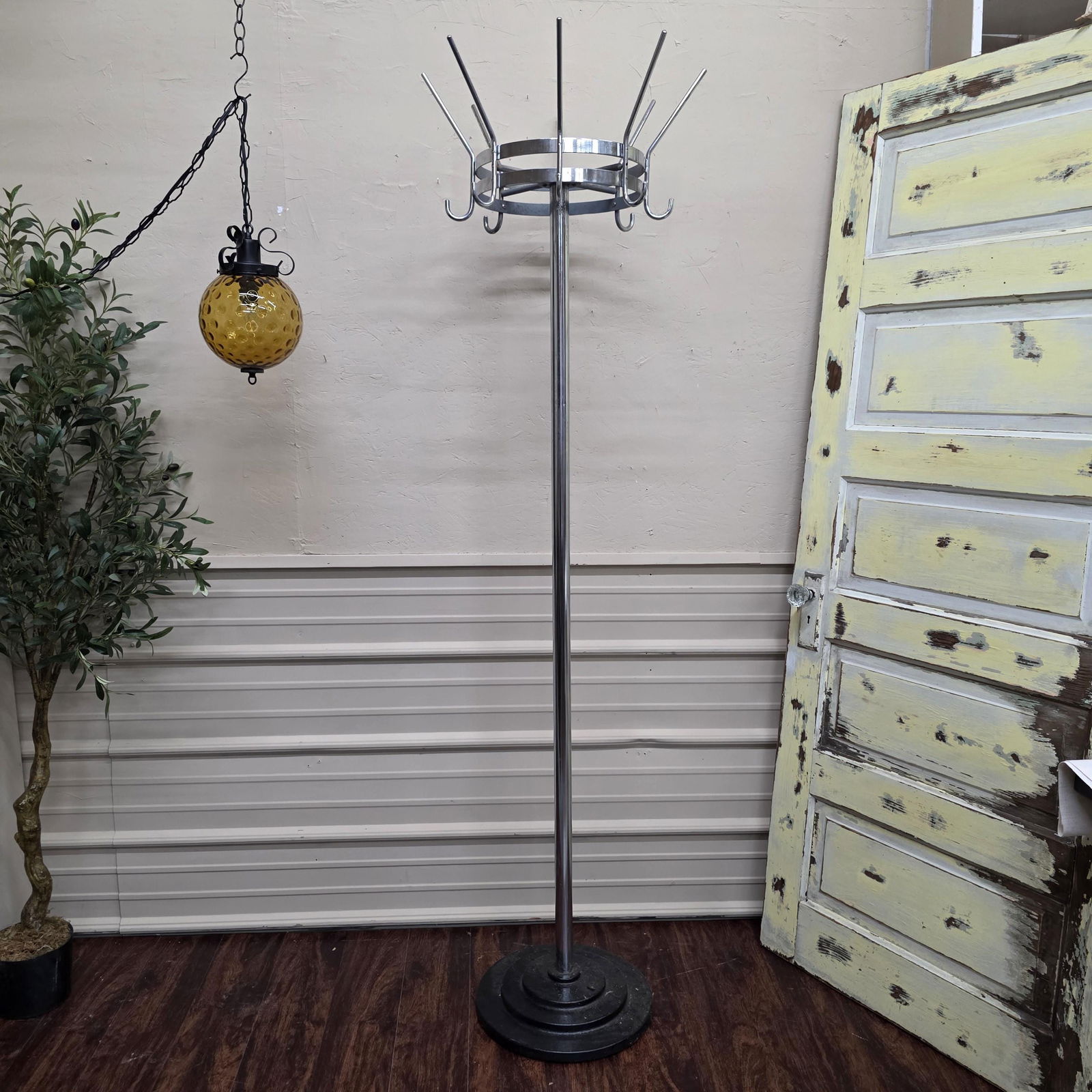 Vintage Commercial Coat Rack Stand, Rotating Crown, Chrome & Steel, Loft Modernist Entryway - 6