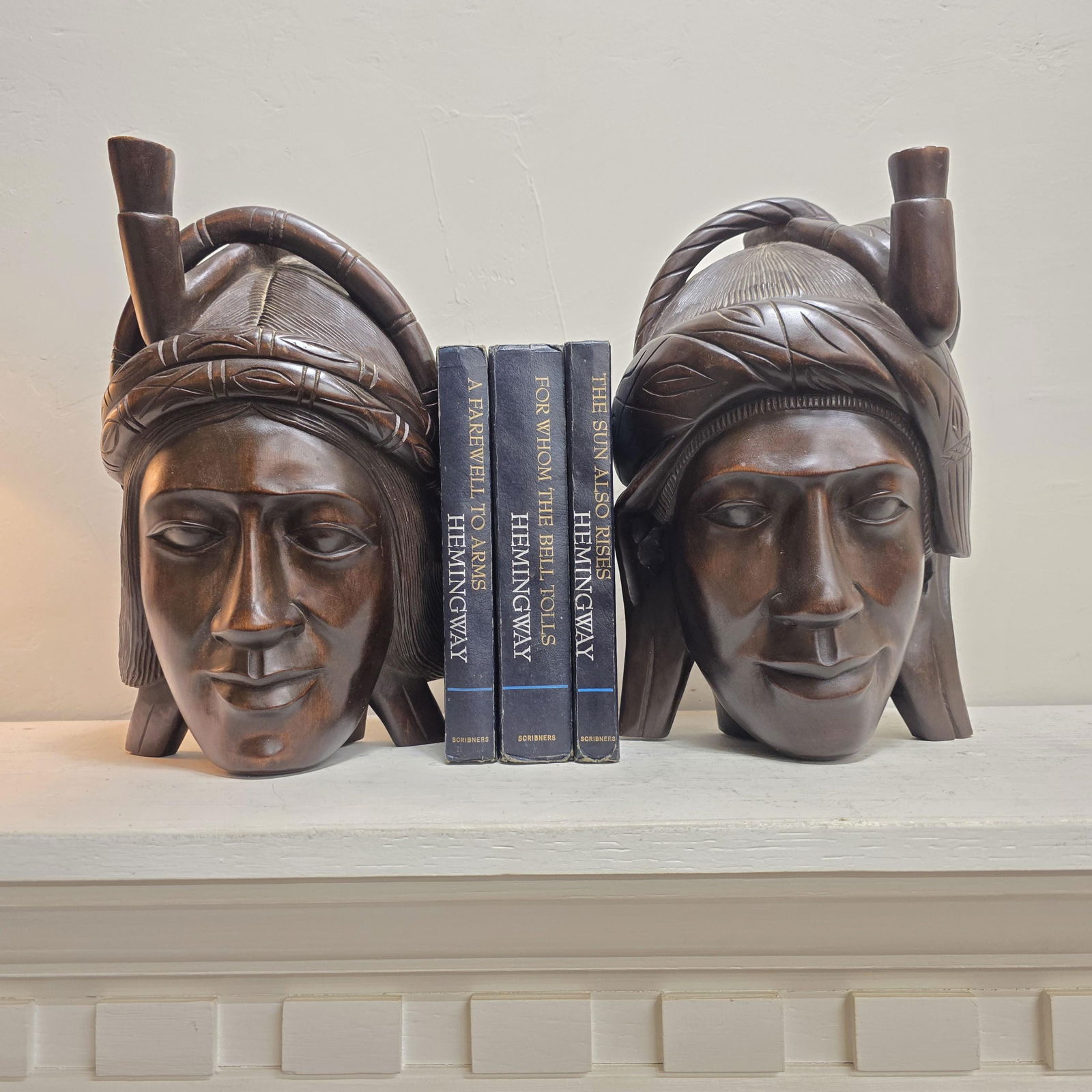 Pair Mid Century Carved Wood Figural Heads, Wall Plaques or Tabletop Busts, African Inspired Moorish - 2
