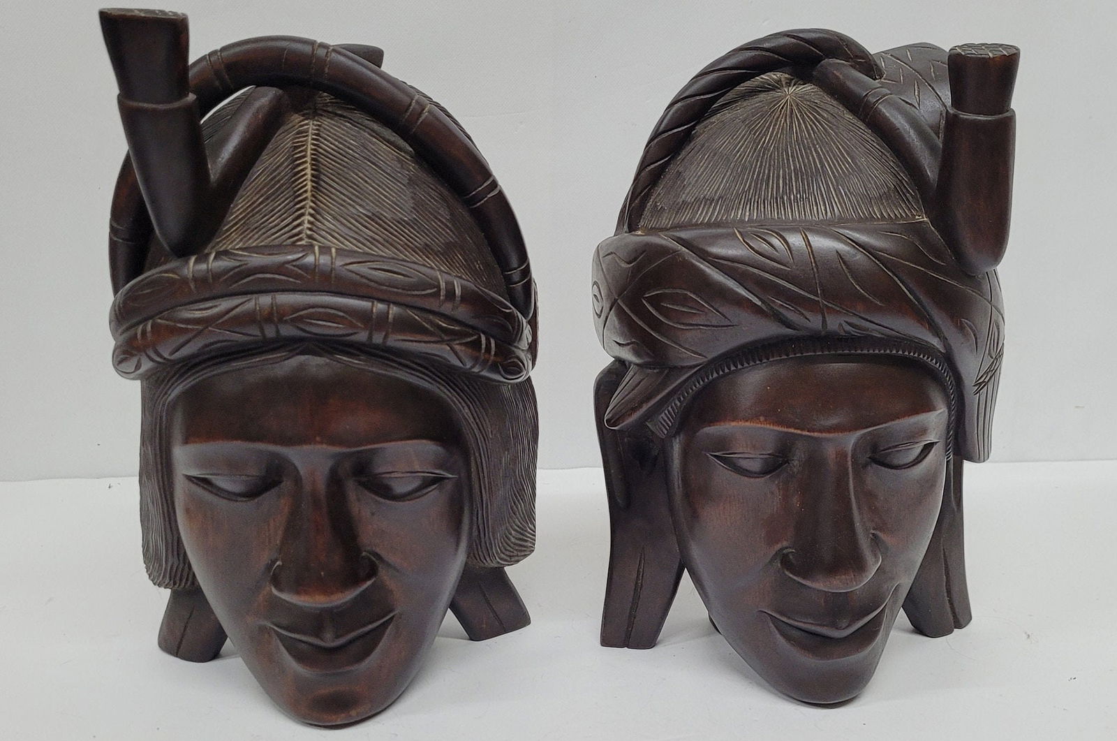 Pair Mid Century Carved Wood Figural Heads, Wall Plaques or Tabletop Busts, African Inspired Moorish - 3