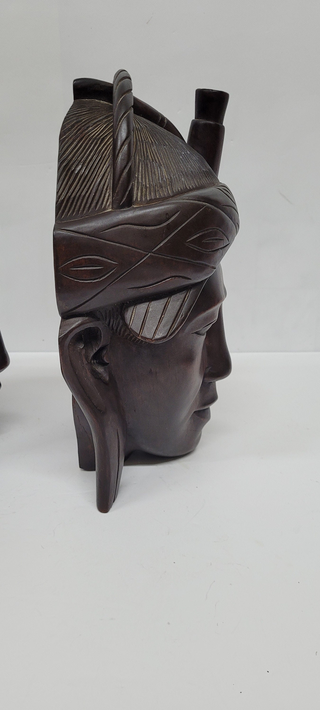 Pair Mid Century Carved Wood Figural Heads, Wall Plaques or Tabletop Busts, African Inspired Moorish - 4