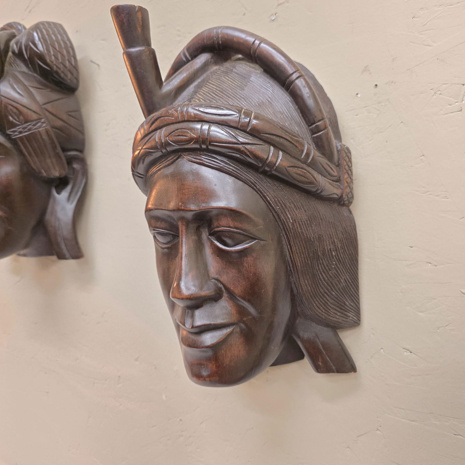 Pair Mid Century Carved Wood Figural Heads, Wall Plaques or Tabletop Busts, African Inspired Moorish - 5