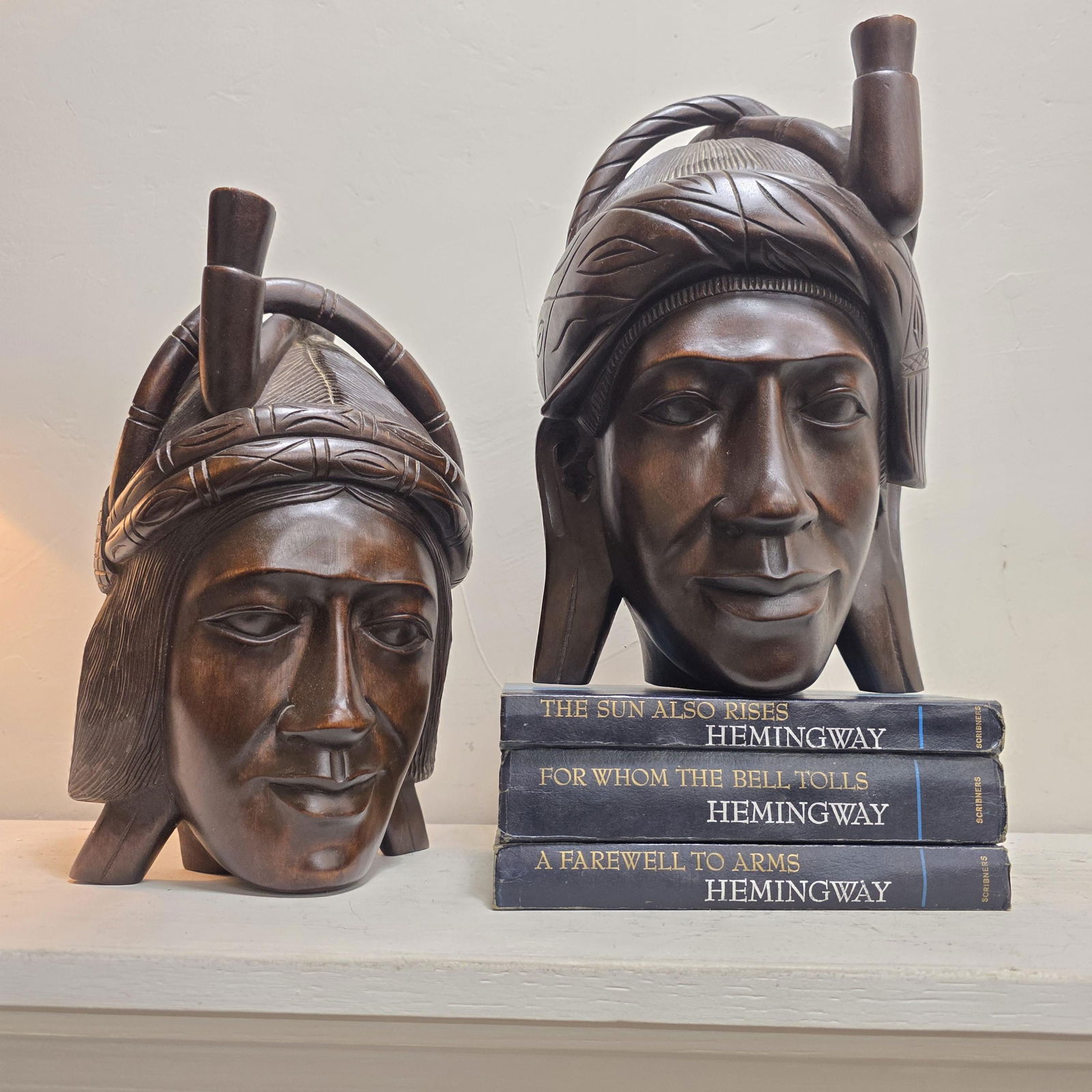 Pair Mid Century Carved Wood Figural Heads, Wall Plaques or Tabletop Busts, African Inspired Moorish - 6