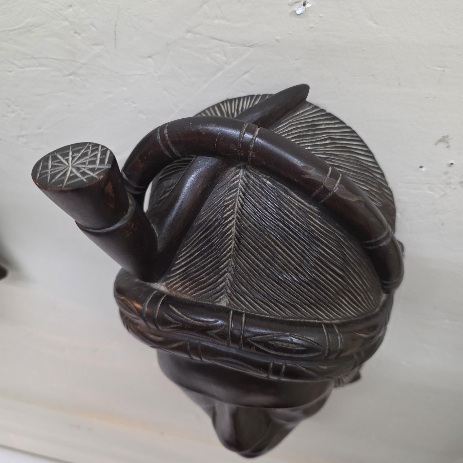 Pair Mid Century Carved Wood Figural Heads, Wall Plaques or Tabletop Busts, African Inspired Moorish - 8