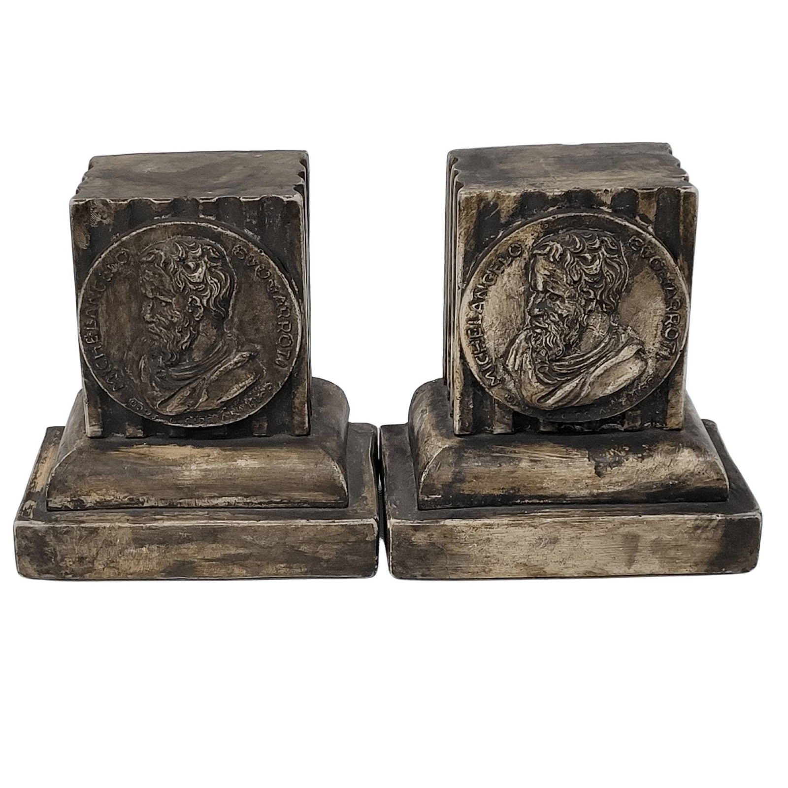 Vintage Michelangelo Buonarroti Bookends Chalkware Plaster Grand Tour Neoclassical Library Decor: Title: Vintage Michelangelo Buonarroti Bookends Chalkware Plaster Grand Tour Neoclassical Library Decor Bronze Stone Look Pair Description: Vintage Michelangelo Buonarroti Chalkware Bookends (Pair) A