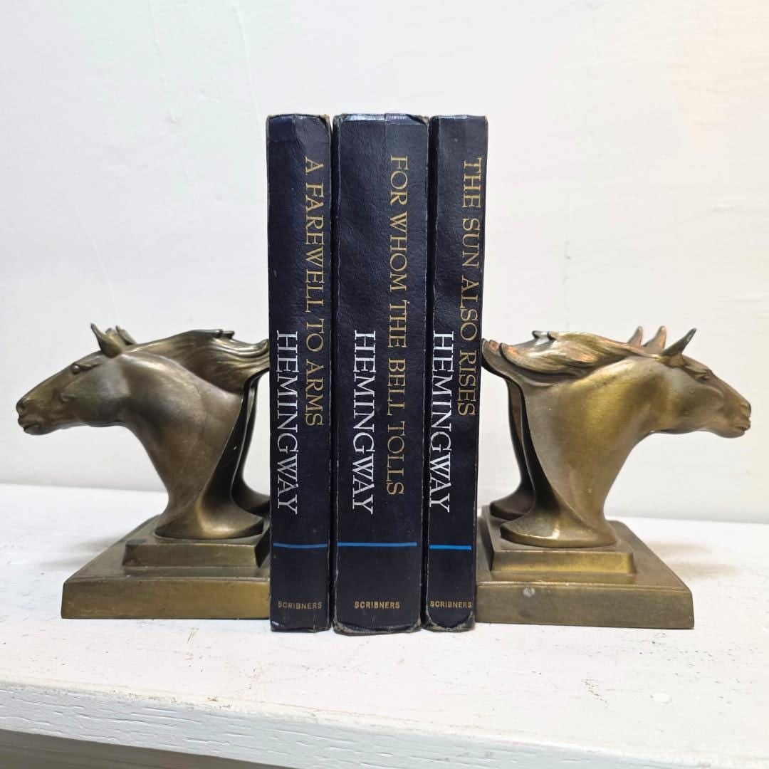 Vintage art deco signed frankart twin horses bookends book holders cast gold brass metal - 2