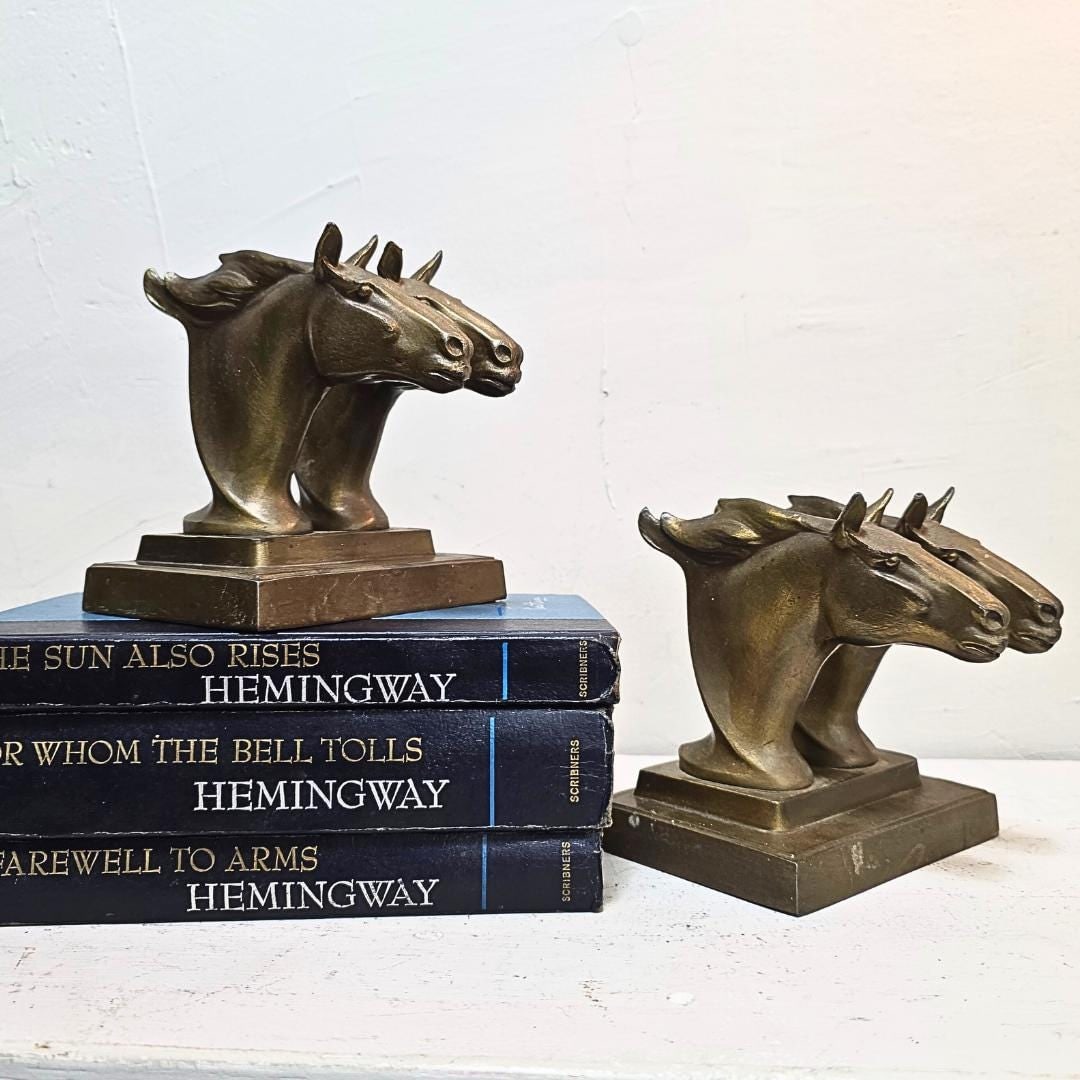 Vintage art deco signed frankart twin horses bookends book holders cast gold brass metal - 8
