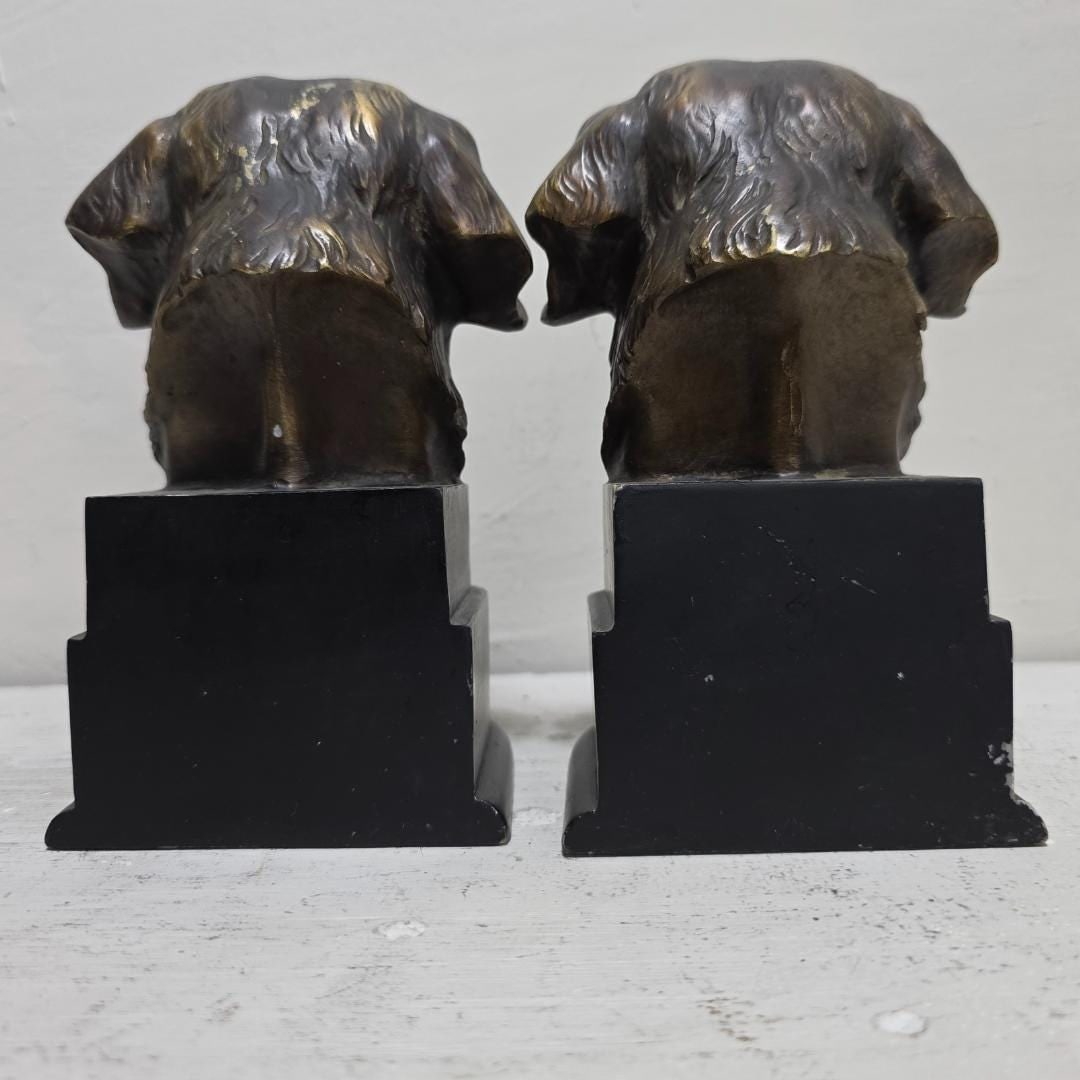 Vintage Dog Head Bookends Pair, Brass Finish Retriever Busts, Cast Metal & Resin Base, English - 10