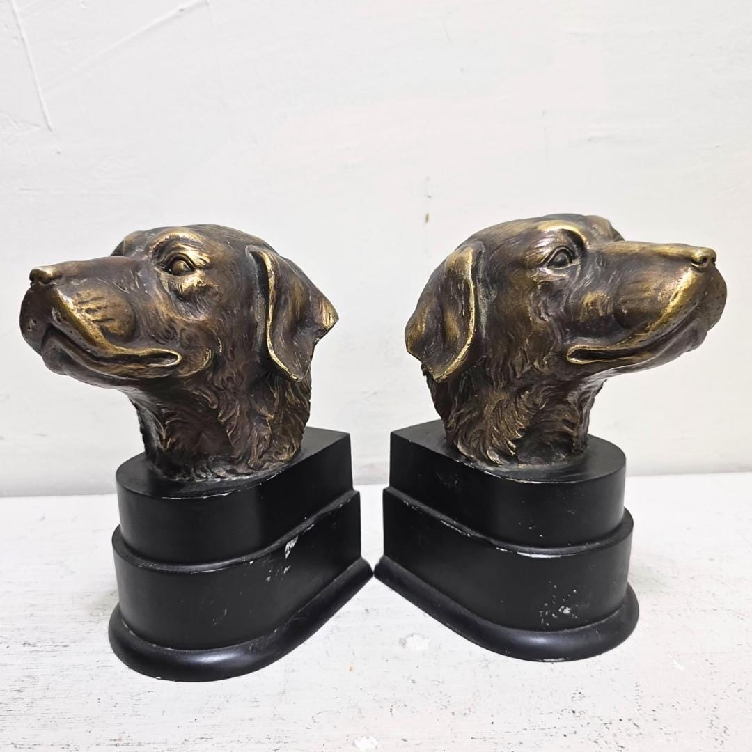 Vintage Dog Head Bookends Pair, Brass Finish Retriever Busts, Cast Metal & Resin Base, English (1 of 10)