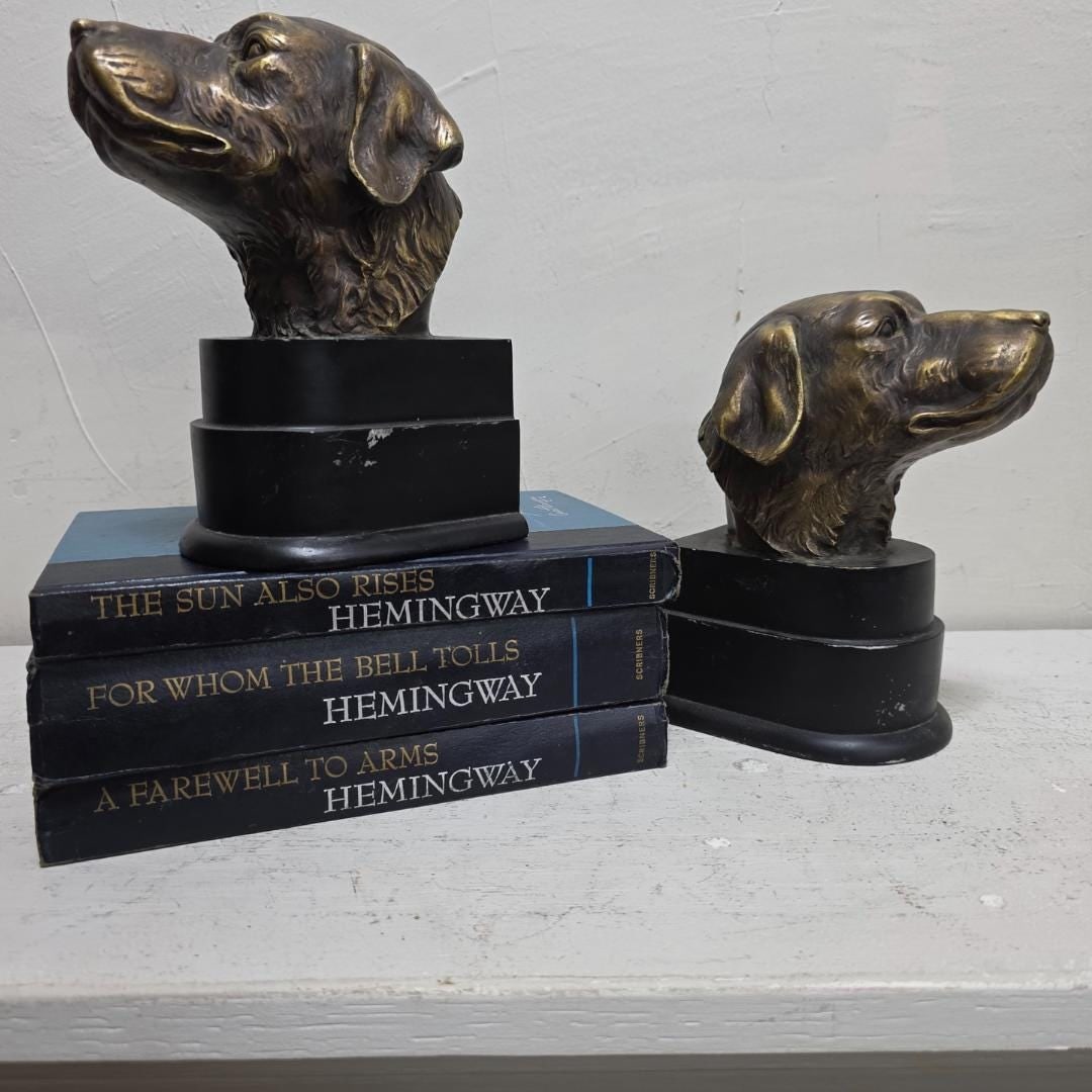 Vintage Dog Head Bookends Pair, Brass Finish Retriever Busts, Cast Metal & Resin Base, English - 2
