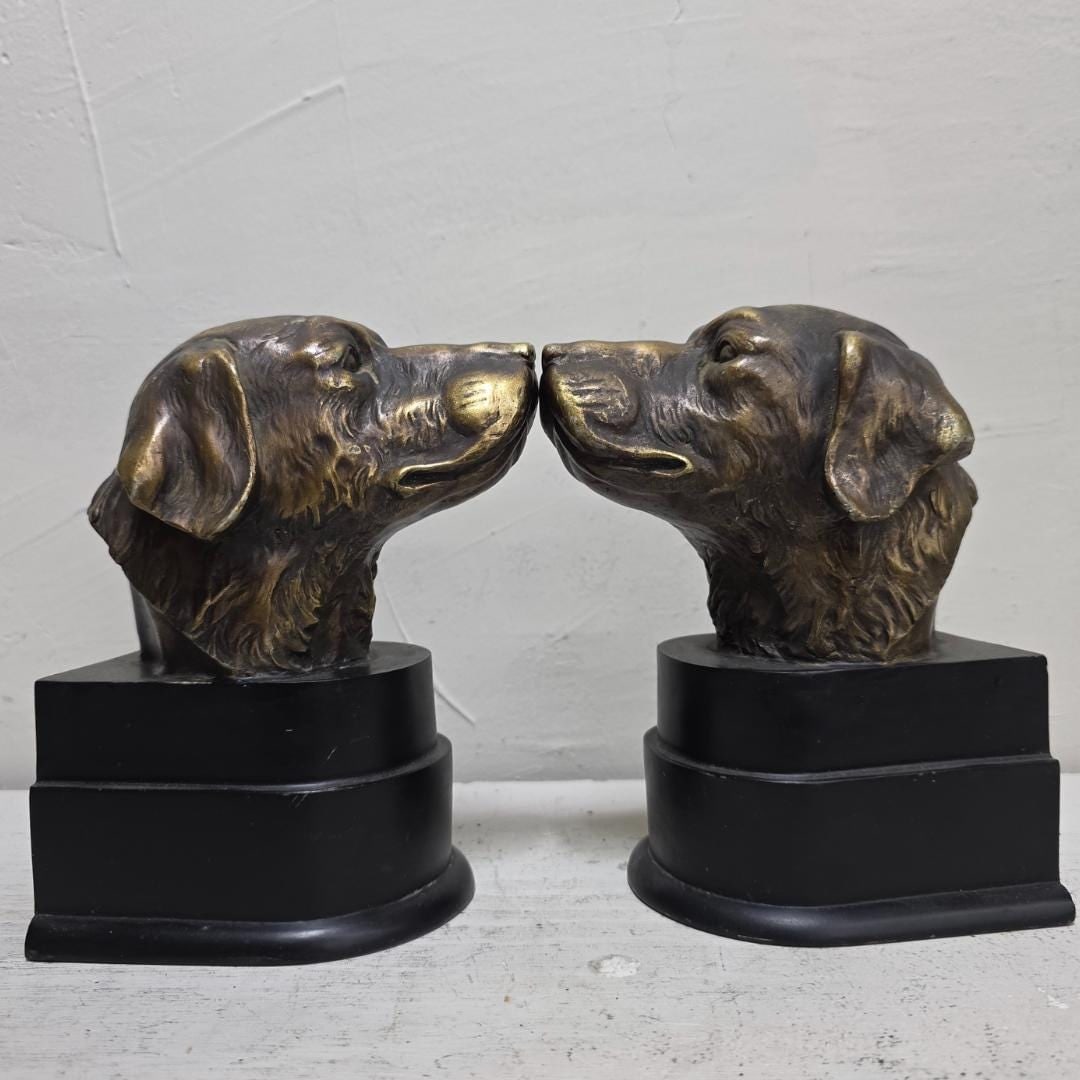Vintage Dog Head Bookends Pair, Brass Finish Retriever Busts, Cast Metal & Resin Base, English - 3