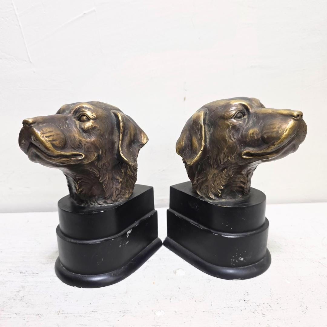 Vintage Dog Head Bookends Pair, Brass Finish Retriever Busts, Cast Metal & Resin Base, English - 4