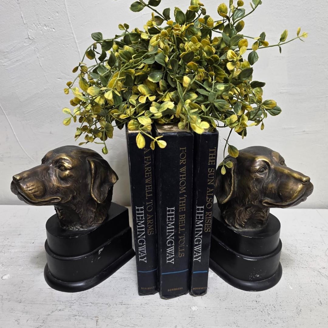 Vintage Dog Head Bookends Pair, Brass Finish Retriever Busts, Cast Metal & Resin Base, English - 5