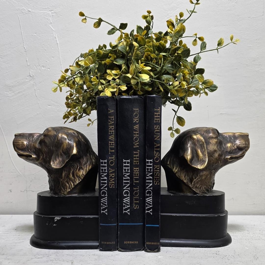 Vintage Dog Head Bookends Pair, Brass Finish Retriever Busts, Cast Metal & Resin Base, English - 6