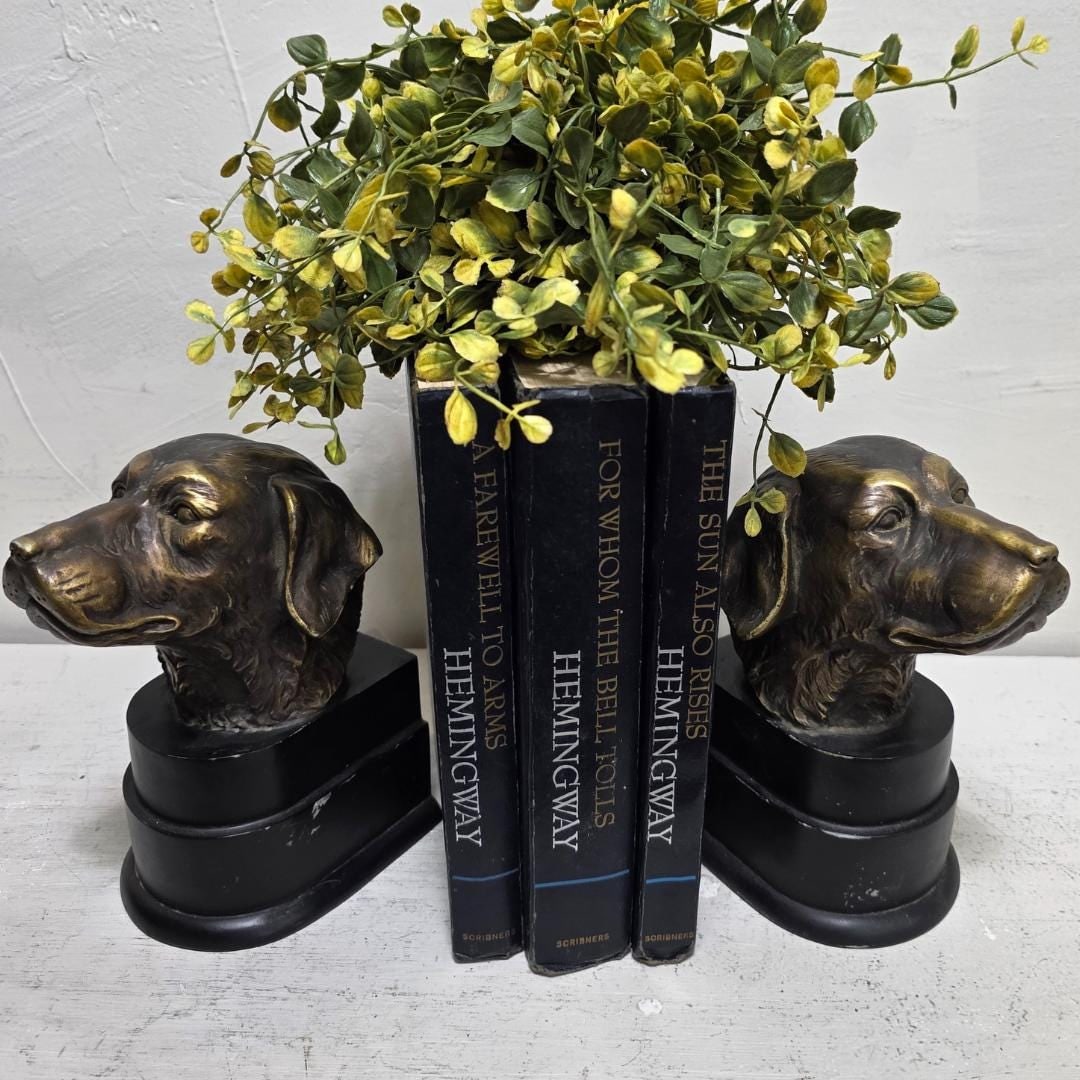 Vintage Dog Head Bookends Pair, Brass Finish Retriever Busts, Cast Metal & Resin Base, English - 8