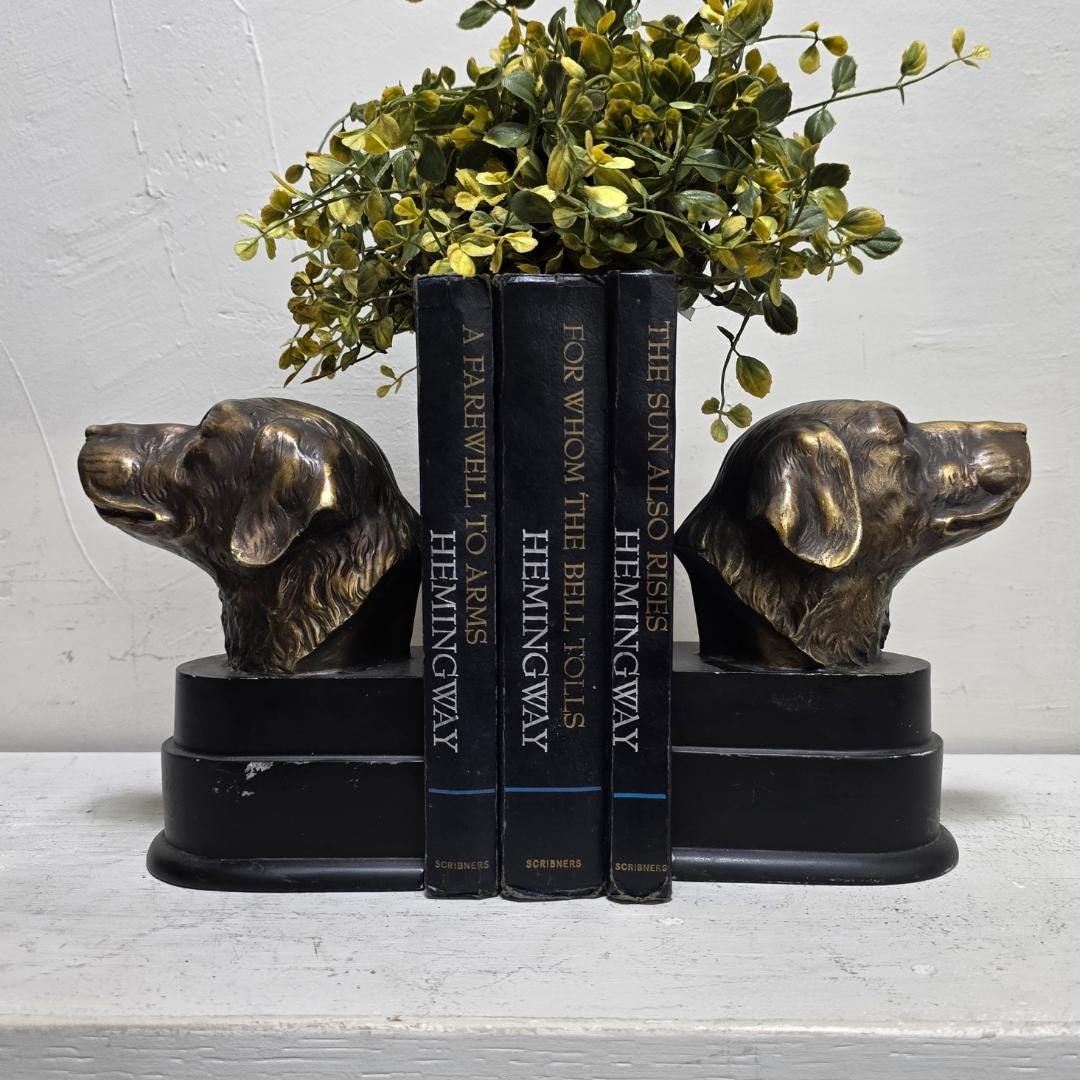 Vintage Dog Head Bookends Pair, Brass Finish Retriever Busts, Cast Metal & Resin Base, English - 9