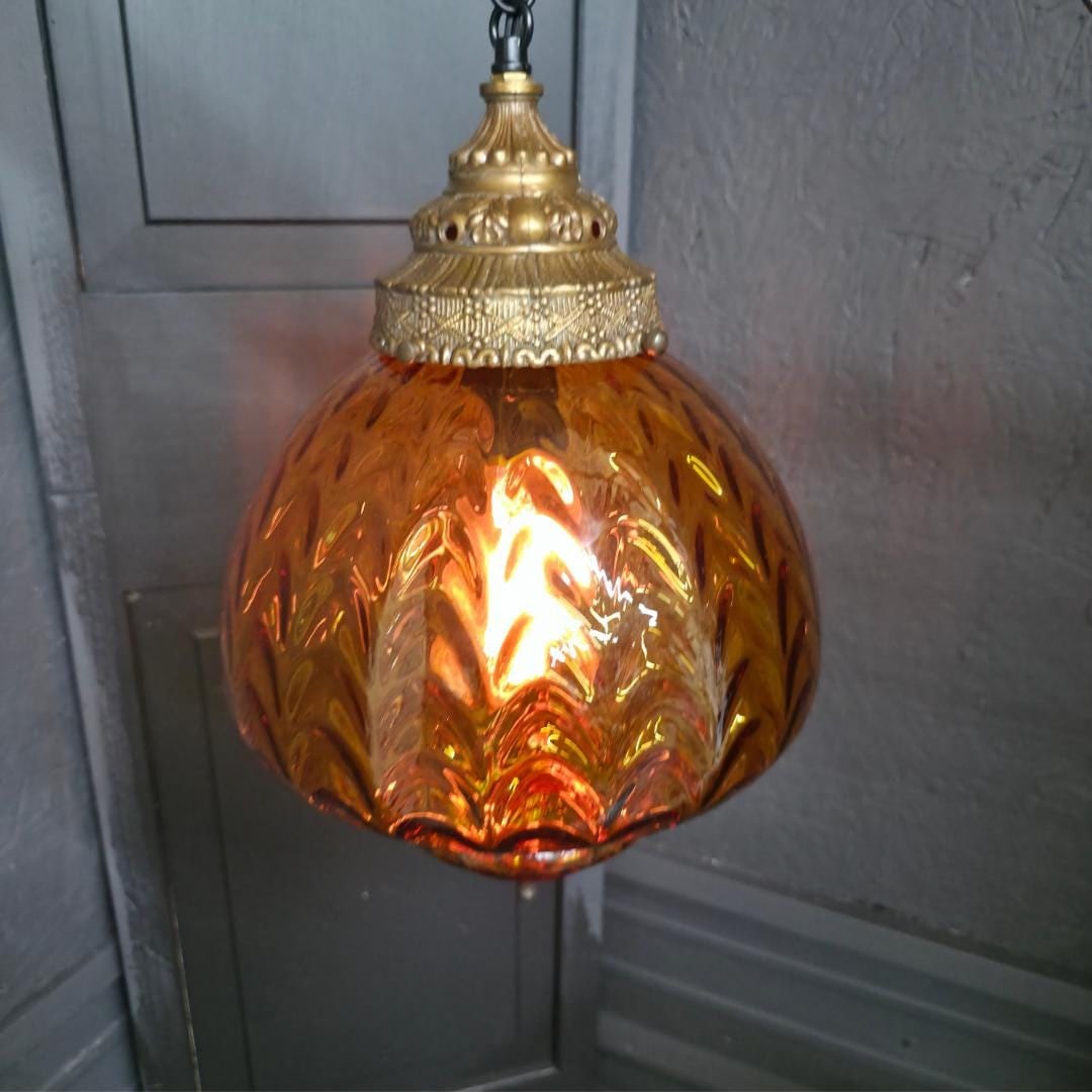 Vintage Gold Swag Lamp Round Pendant Light Plug In Wall Boho Optic Globe Hanging Lighting - 10