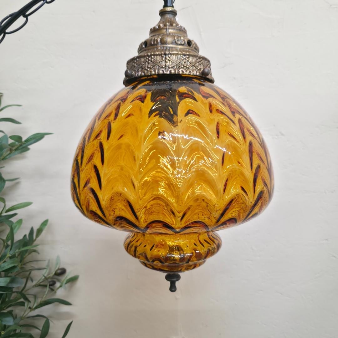 Vintage Gold Swag Lamp Round Pendant Light Plug In Wall Boho Optic Globe Hanging Lighting - 2