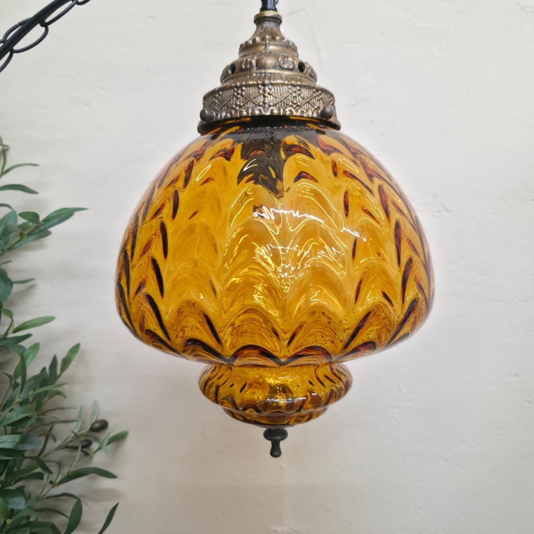 Vintage Gold Swag Lamp Round Pendant Light Plug In Wall Boho Optic Globe Hanging Lighting - 3