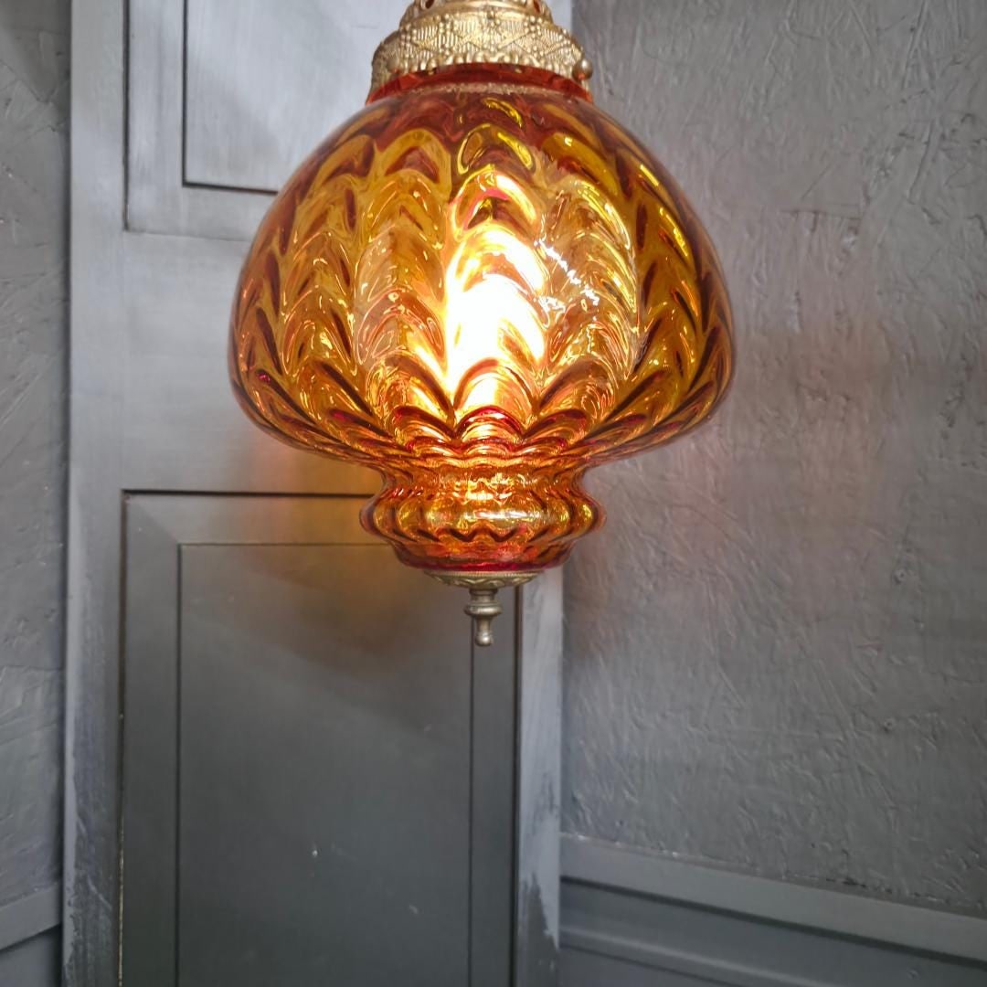 Vintage Gold Swag Lamp Round Pendant Light Plug In Wall Boho Optic Globe Hanging Lighting - 9