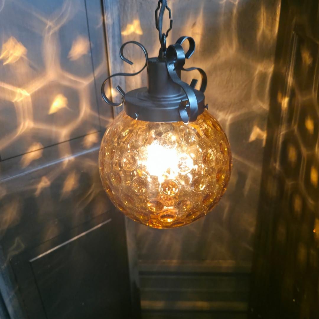 Vintage Amber Glass Globe Swag Lamp Plug-In Pendant | Petite Hanging Light | Hollywood Regency Boho - 2