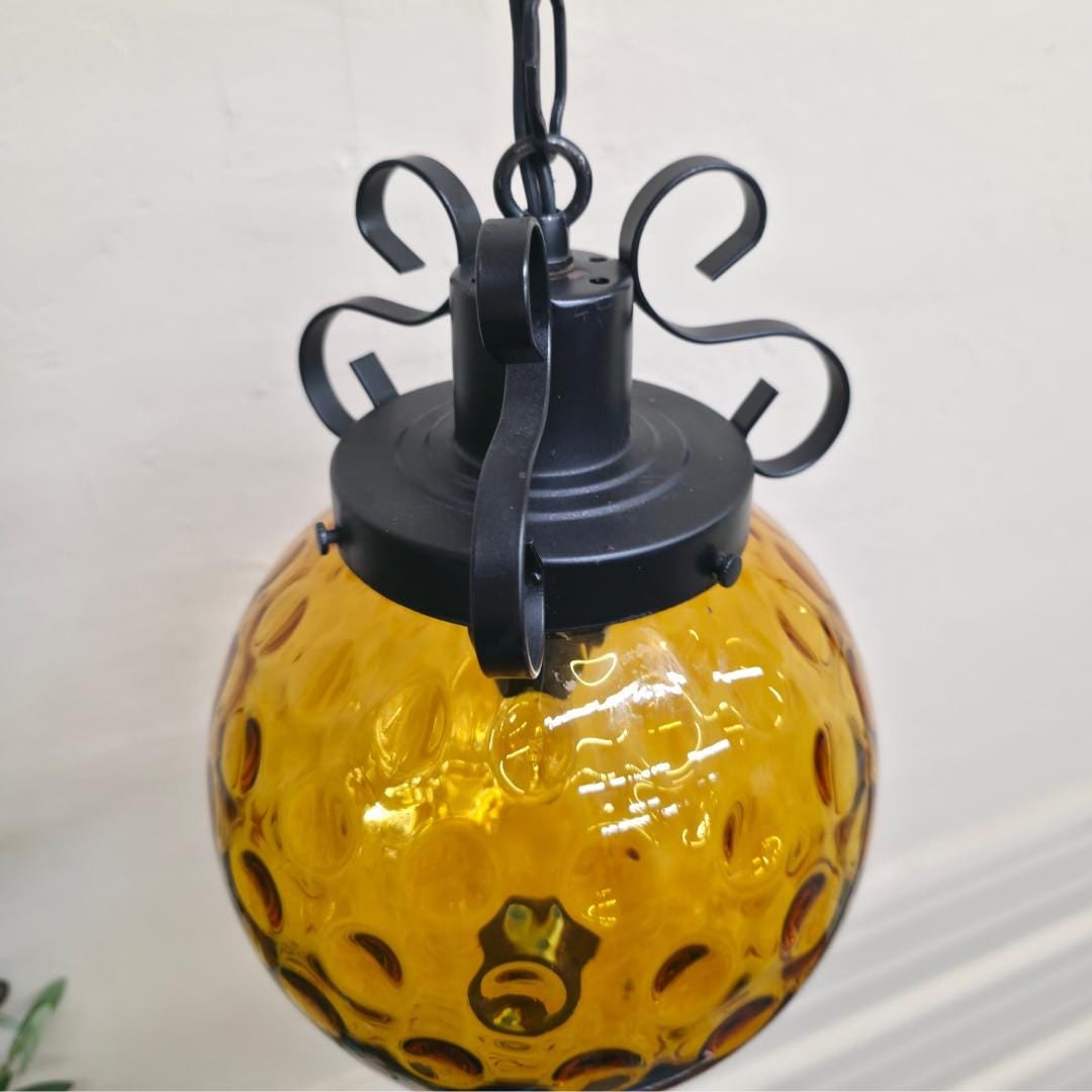 Vintage Amber Glass Globe Swag Lamp Plug-In Pendant | Petite Hanging Light | Hollywood Regency Boho - 5