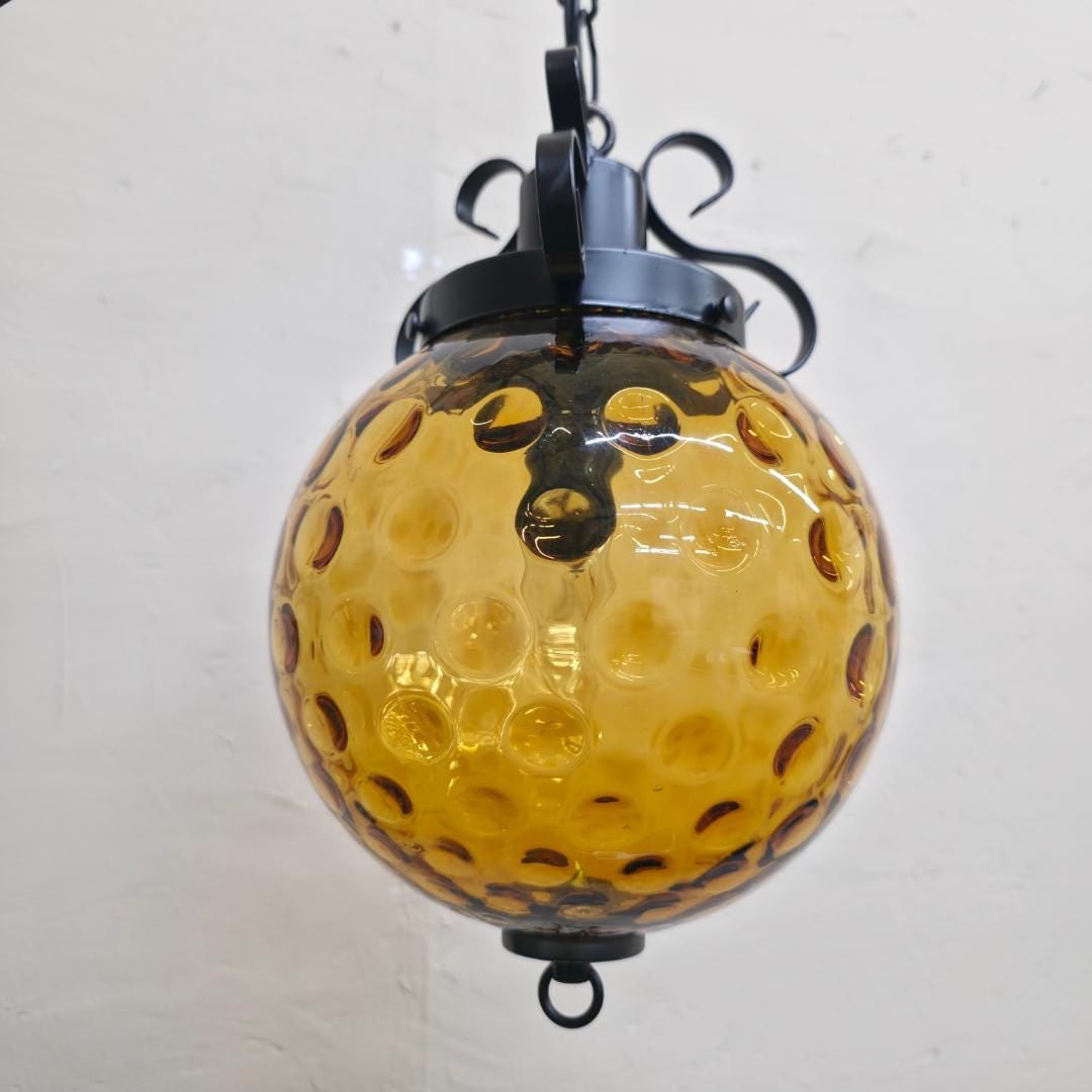 Vintage Amber Glass Globe Swag Lamp Plug-In Pendant | Petite Hanging Light | Hollywood Regency Boho - 7
