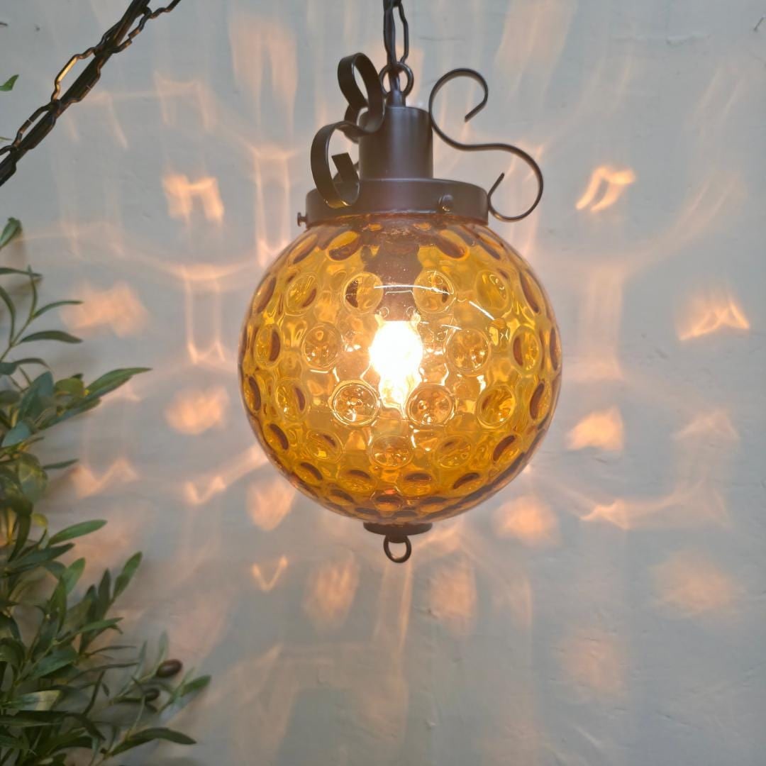 Vintage Amber Glass Globe Swag Lamp Plug-In Pendant | Petite Hanging Light | Hollywood Regency Boho - 9